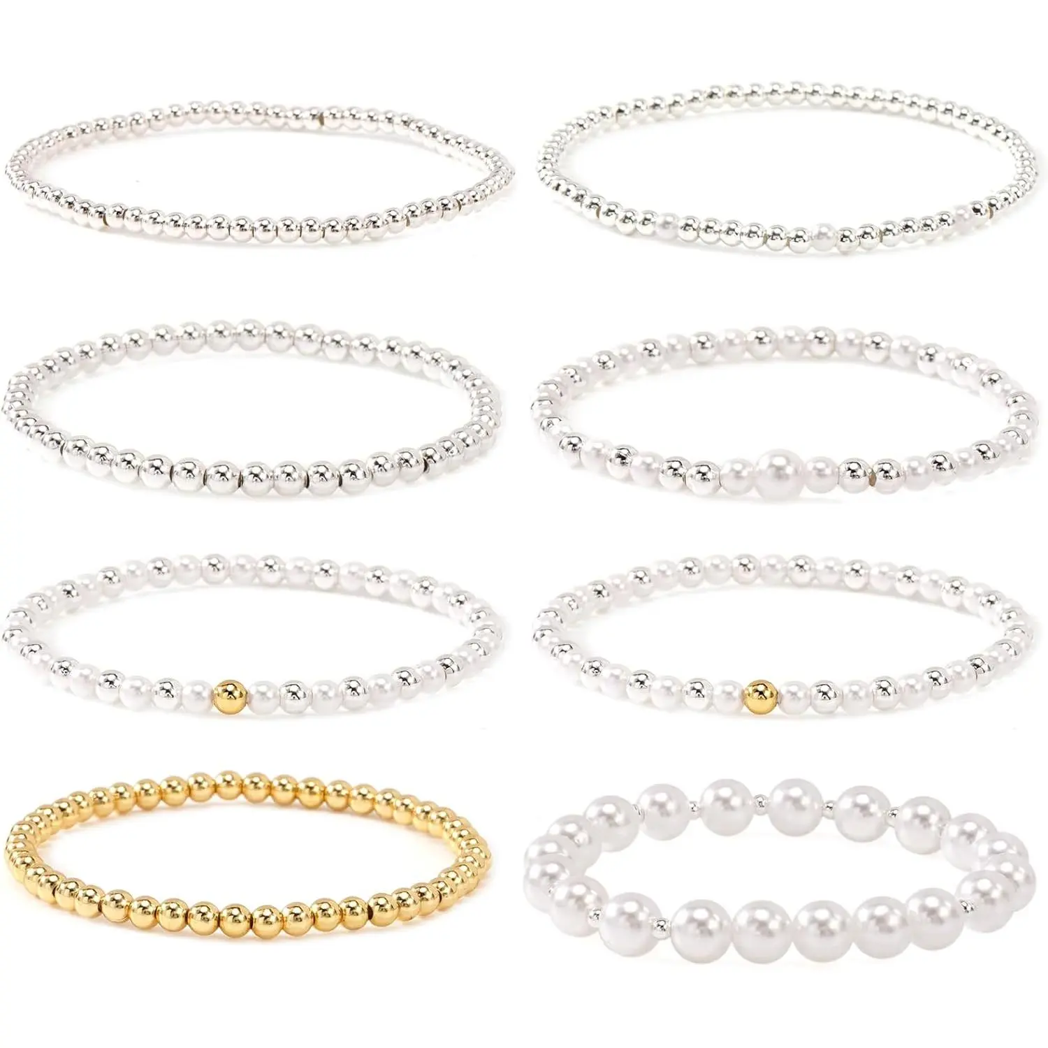 Women's Brass Bracelet Set - 6pcs Gold Freshwater Pearl Bead, 6pcs Red 2-Cross, 8pcs Gold Silver Bar, Dainty Handmade Balls Design, High-Quality Stretch Stackable Jewelry, 17.5cm, Ideal for Daily Wear, Gift Idea