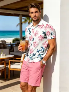 Men's Two-Piece Set Nautical Tropical Print Polo Suit, Anchor Coral Pattern Short Sleeve Top + Drawstring Shorts, Breathable Casual Summer Menswear