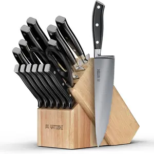 Yatoshi 15 Piece Black Knife Block Set - Pro Kitchen Knife Set Ultra Sharp High Carbon Stainless Steel with Ergonomic Handle