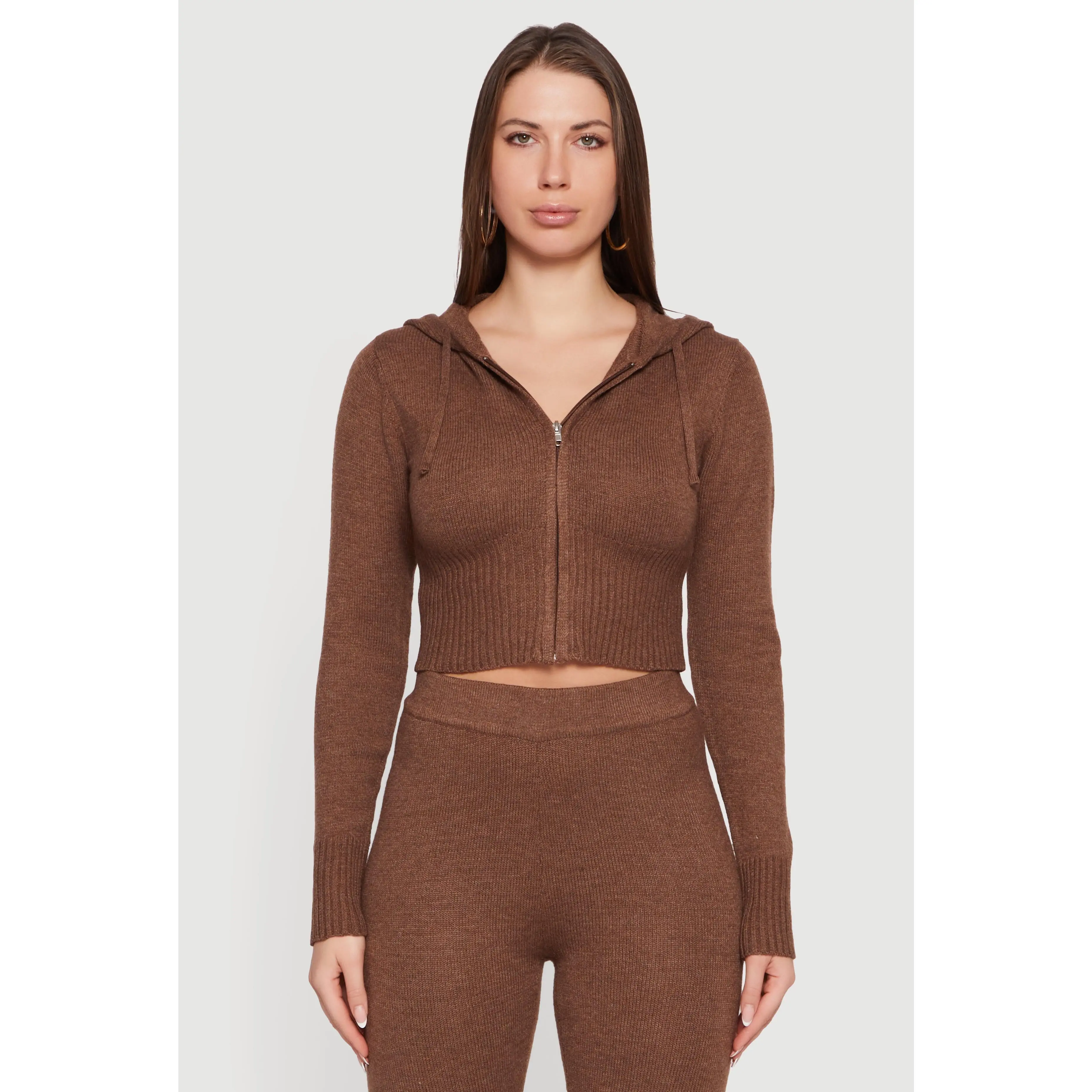 Cropped Hooded Zip Front Sweater