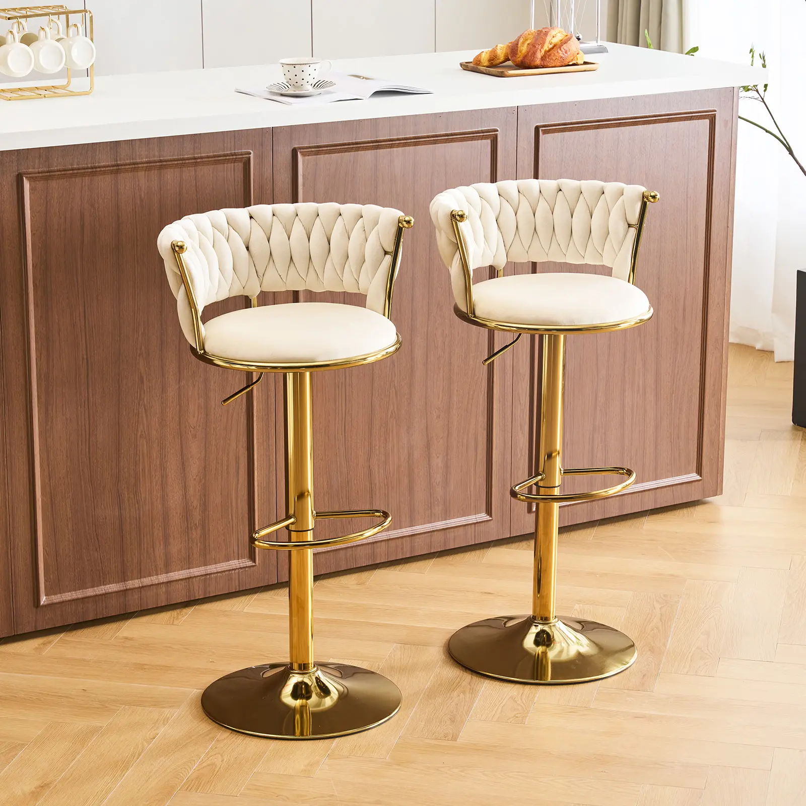 Gold Swivel Velvet Bar Stools with Cream Cushions & Gold Accents for Modern Kitchen Design Upholstered Barstools Adjustable Height Chair