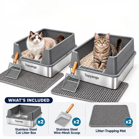 Topyangs 2-Pack Stainless Steel High Sided Cat Litter Box, Non-Stick Tray, Leak-Proof & Splash Proof, Includes Litter Scoop, Easy to Clean for Multi-Cat Households.,familyfun High Sided Litter Box