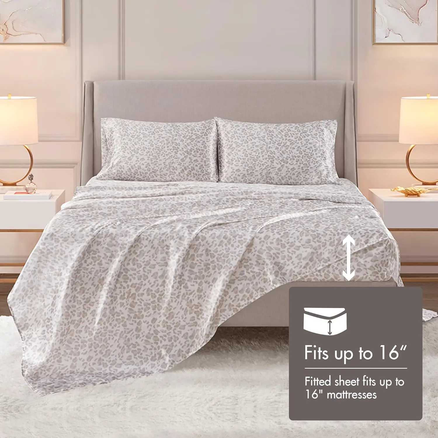 Madison Park 4 Piece Leopard Printed Satin Sheet Set (1*Flat Sheet + 1* Fitted Sheet + 2*Pillowcases), Luxury And Silky With Natural Sheen, Elastic 14