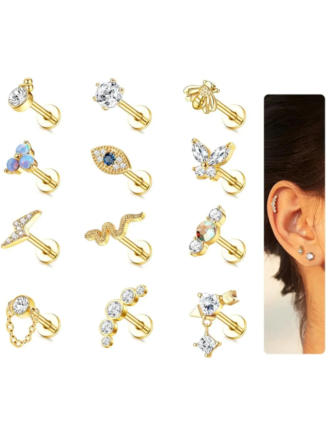 12Pcs 16G Cartilage Earrings Stud for Women Surgical Steel Top Screw Flat Back Earrings Ear Studs Bee Butterfly Snake Evil Eye CZ Cartilage Earrings Tragus Helix Piercing Jewelry Earring Stacking Set Earring Pack Earrings with Flat Backs
