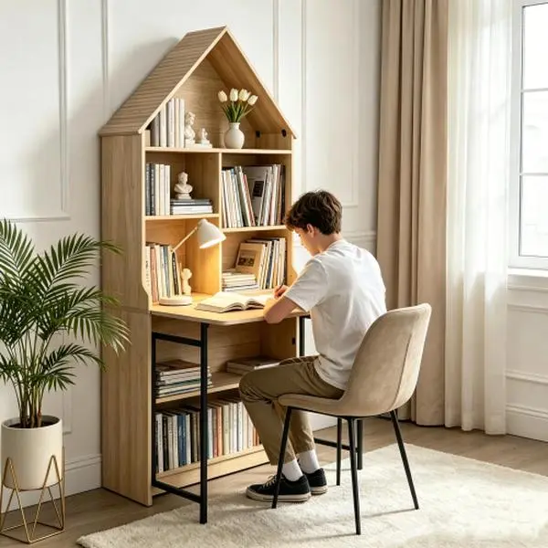 Natural Wood Foldable Hideaway Wall Desk with Storage Shelves - Convertible Craft Table to Bookshelf, Durable Multifunctional Workstation for Small Spaces, Furniture for Small Spaces, Folding Tables for Bedroom, Assembly Required Makeup Vanity