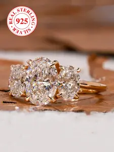 S925 Sterling Silver Egg-Shaped Ring Set with Artificial Zircon Stones, Fashionable Party Jewelry Gift Box Included, Artificial Zircon Rings