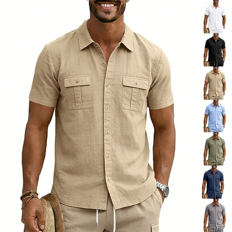 Men's Summer Linen Casual Short-Sleeve Workwear Shirt-Overshirt, Turn-Down Collar, 2 Chest Pockets, Button Closure, Lightweight Loose Fabric, Ideal for Outdoor Activities, Commuting