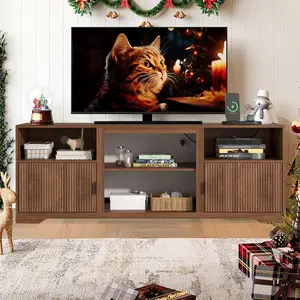 Fluted TV Stand for Tvs up to 80",Mid Century Modern TV Stand with Open Adjustable Shelf,Entertainment Center Wood TV Media Console with Cord Holes for Living Room Furniture Bedroom