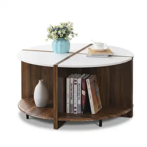 4-in-1 Modular Round Coffee Table, Detachable Convertible Design, Faux Marble Top Industrial Table with 2-Tier Storage Shelf, 200LBS Heavy Duty Anti-Wobble Frame, Modern Center Table for Living Room, Bedroom, Apartment, Small Space & Home Office