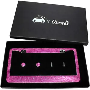 OTOSTAR 7 Row Pure Handmade  Bling Bling Rhinestones Stainless Steel Metal License Plate Frame with 2 Holes with Matching Screws Caps (hotpink)