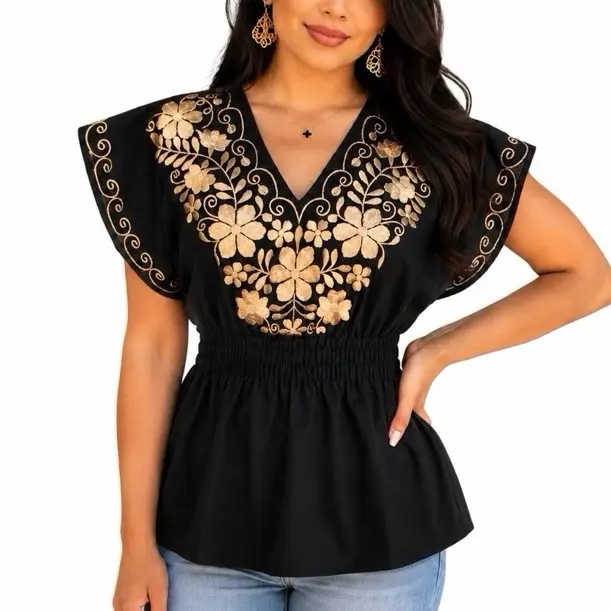 Irene Blouse - Embroidered Mexican Floral Women's Cotton Shirt with Unique Color Patterns & Elastic Waist for Comfortable Fit Made in Mexico