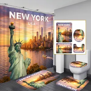 1/3/4PCS New York City Shower Curtain set, Urban Skyline Bathroom Decor, Accessories with Bath Mat, U-shaped Mat, Toilet Lid Cover, 12 Hooks 180x180cm Curtain, Travel Inspired, Home Decor, bathroom accessories.