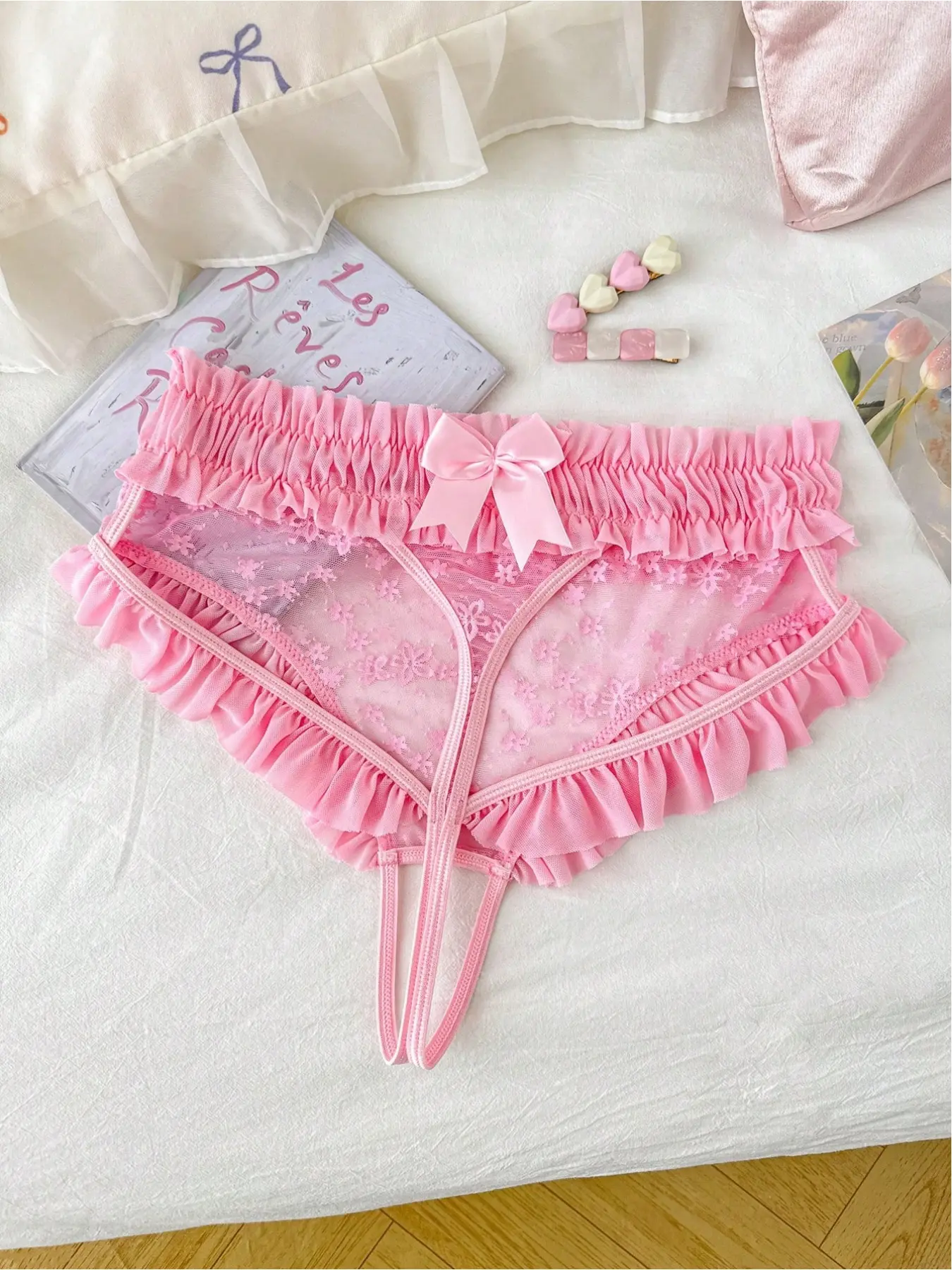 Women's Sexy Panties, Fitted Knickers, Ruffled Mesh Spliced Lace, Cute Sweet Style, Crotch Opening, Single Piece apple shape girl curvy, Opening Crotch Underwear