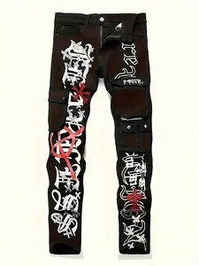 Men's Black Graffiti Print Denim Jeans Red Cross Y2K Streetwear Slim Fit Pants