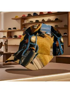 Lion riding motorcycle baseball caps casual leisure fashion statement comfortable daily outfits suitable for all seasons casual wear unique design bold style