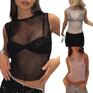 Women Sequin Glitter Tank Top Sleeveless See Through Knit Skinny Crop Top Sheer Mesh Hollow Out Sparekly T-Shirt Vest