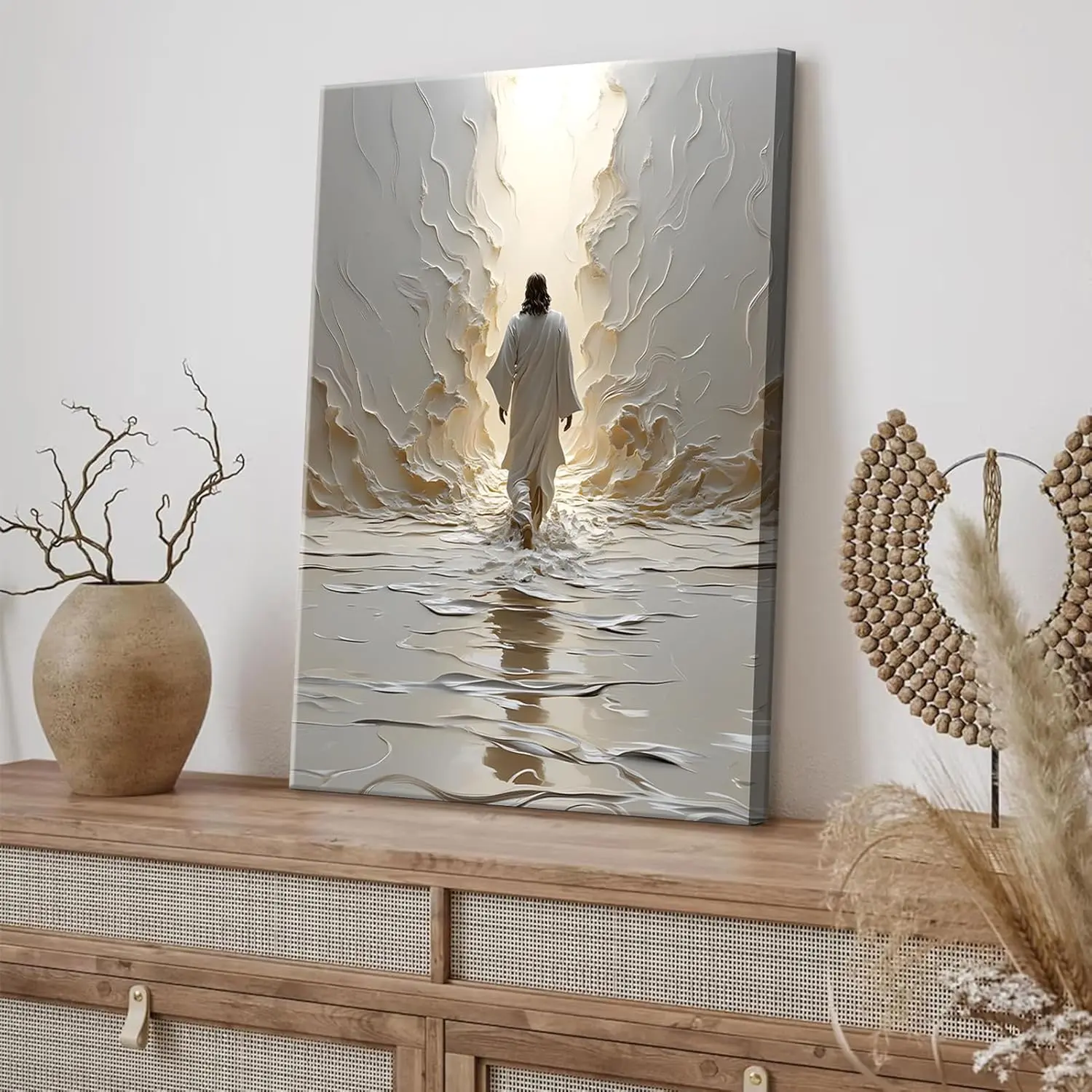 1pc Thick Wooden Framed Canvas Art, Depicting Jesus Walking on.This Bible-Inspired Art Serves As a Modern Decorative Piece Living Rooms And Bedrooms, Wall Decoration And As a Thoughtful., With Wooden Wrapped Frame,(Canvas Wrap Frame)