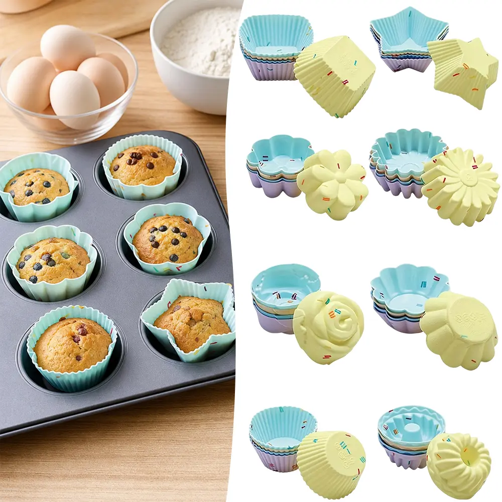 40 piece Silicone Baking Cups Colorful Floral Shaped Baking Cups Nonstick Donut Mold Reusable Silicone Cupcake Liners - Dishwasher Safe
