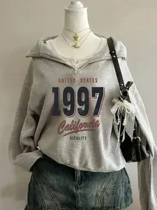 Women's Casual Fitted Long Sleeve Sweatshirt, Digital Letter Print Half Zip, Thin Velvet Pullover, Spring & Fall, Comfortable Fashion