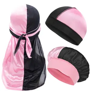 3PCS/LOT Men Women Durag and Bonnet Sleep Cap Set Comfortable Sleeping Caps for Curly Hair Breathable Long Tail Headwrap Du Rag Shower 01 White