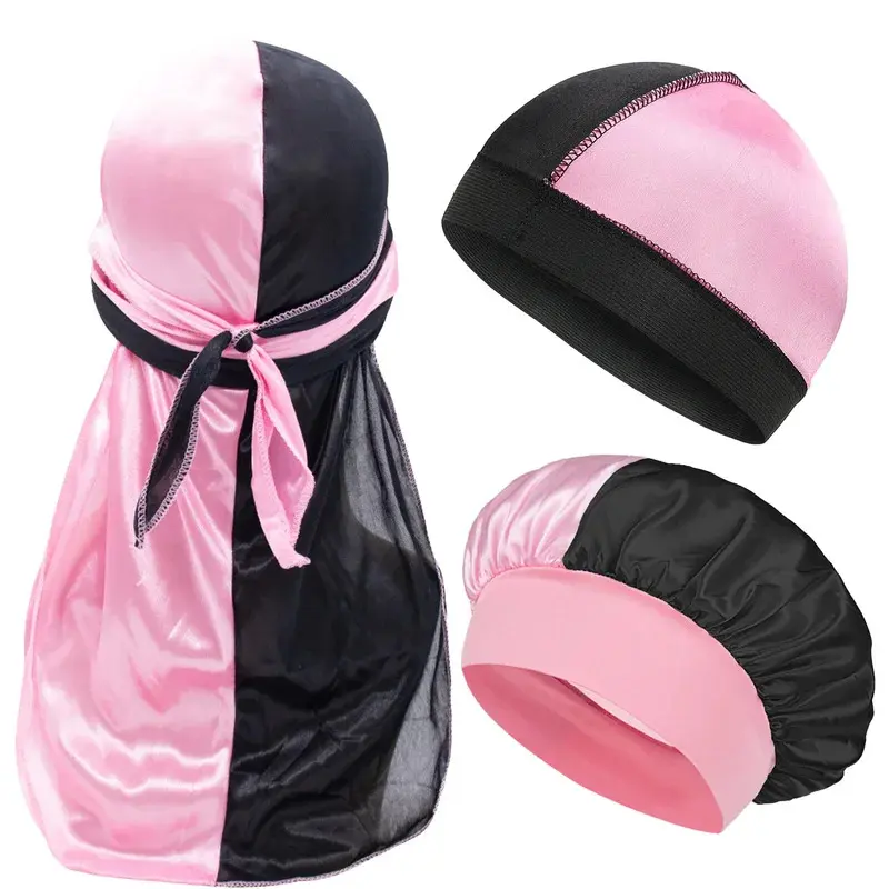 3PCS/LOT Men Women Durag and Bonnet Sleep Cap Set Comfortable Sleeping Caps for Curly Hair Breathable Long Tail Headwrap Du Rag Shower 01 White