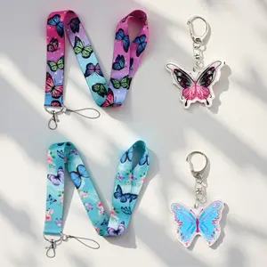 Multifunctional Butterfly Pattern Hanging Strap Set, Colorful Keychain & ID Holder, Portable Phone Lanyard, Office School Gift
