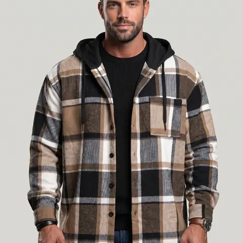 KZZ Menswear Men's Checked Drawstring Hooded Casual Jacket - Spring Fall New Arrival, Stylish Longsleeves Tops, Grey Design, Comfortable Sweatshirt with Pocket, Christmas Gifts for Him