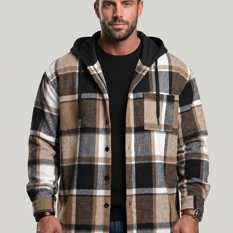 KZZ Menswear Men's Checked Drawstring Hooded Casual Jacket - Spring Fall New Arrival, Stylish Longsleeves Tops, Grey Design, Comfortable Sweatshirt with Pocket, Christmas Gifts for Him