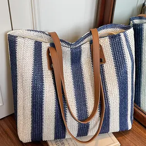New Women'S Stylish Classic Striped Retro Shoulder Bag, Large Capacity Versatile Straw Woven Tote with Multiple Compartments, Perfect for Summer Vacations And Beach Trips, an Ideal Choice for Shopping And Outings