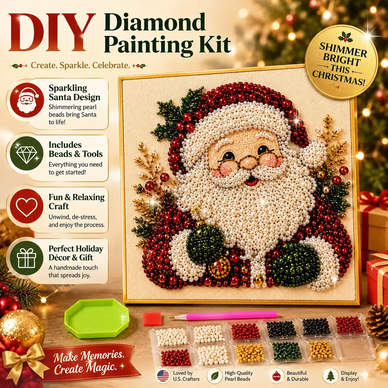 Frameless 3D Beaded Christmas Pearl Diamond Painting, Xmas Wreath Stocking Mosaic Art, Stress Relief DIY Home Wall Decoration
