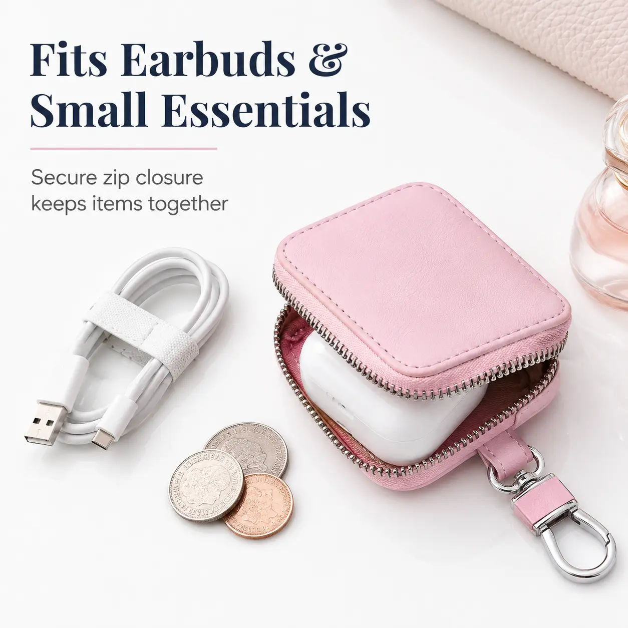 Vintage Polyurethane Universal Earbud Case - Compact Zipper Pouch, Headphone Accessory with Mesh Pocket, Dustproof Anti-Scratch, Metal Keychain, Cord Organizer, SD Card Holder, Purse Stuffer for Audio Devices, Mother's Day Gift, Headphone Accessories