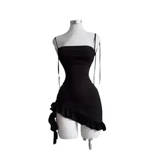 Women’s Black One Shoulder Mini Dress Asymmetrical Hem Going Out Dress