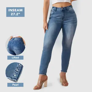 Flamingals High Waist Skinny Jeans Stretchy BBL Fit Raw Hem Pearl Detail Denim Pants Women’s Fashion Casual Comfort All Seasons Hip Pocket