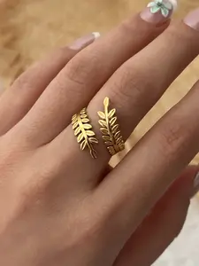 Boho Style Stainless Steel Leaf Open Ring, Nature-Inspired Jewelry, Perfect for Vacation Wear, Unique Fashion Accessory
