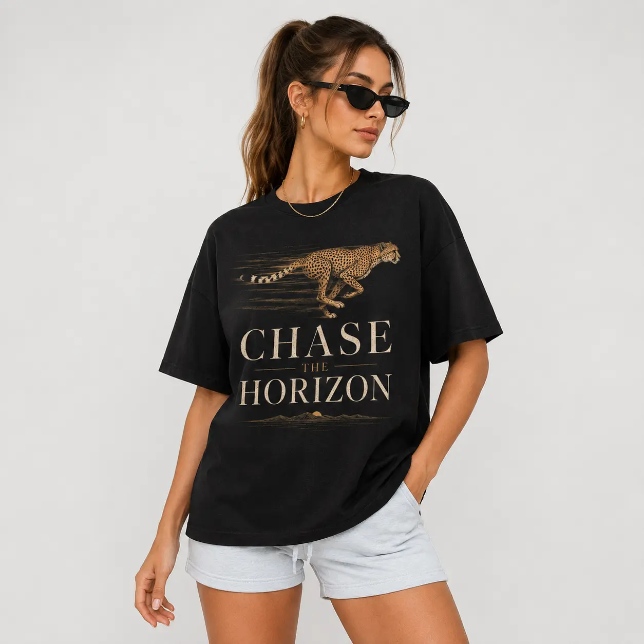 Women's Streetwear Graphic T-Shirt, Chic Oversized Top with Cheetah Print, Shortsleeve Organic Fabric for Casual Athletic Wear, Round Neck, Cute, Preppy