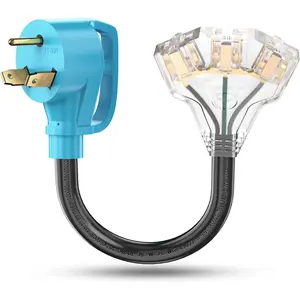 30 Amp to 110V RV/Generator Distribution Adapter Cord, NEMA TT-30P Male to 3X 5-15R/5-20R T-Blade Household Outlet Female with LED Power Indicator 3750W