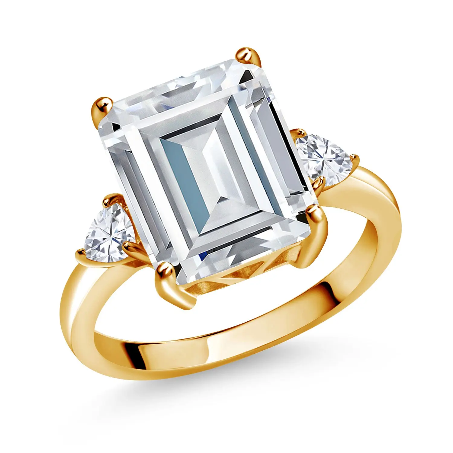 Gem Stone King Women's 5-7 Cttw Emerald Cut 12x10MM Gemstone Birthstone & Moissanite 3-Stone Ring, 18K Yellow Gold Plated Silver, Bridal-Engagement Promise-Marriage Ring with Trillion Accents