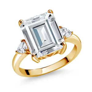 5-7 Cttw Gemstone Birthstone & Moissanite 3-Stone Ring For Women | 18K Yellow Gold Plated Silver | Emerald Cut 12X10MM | Wedding Anniversary Ring