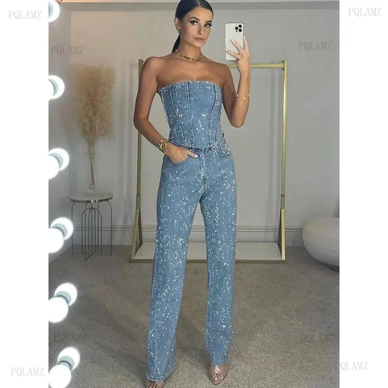 Women's Basic Fitted 2-Piece Denim Clothing Set - 2026 Spring Summer Sleeveless Diamond Vest, Tube Top, High-Waist Pocketed Slim Jeans Casual Outfit, Lady, Polyester, Solid, Button, Street Look