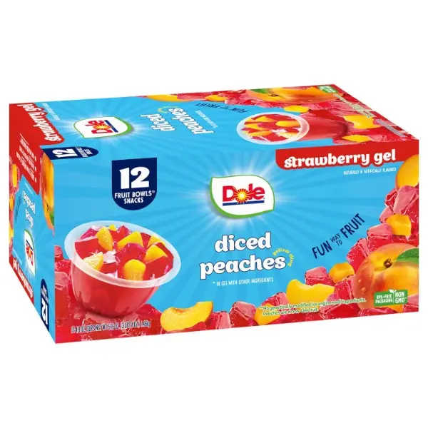 Halal Peach-Infused Strawberry-Flavored Gel Snack Fruit Bowls, 12x4.3oz Individual Cups (12 Packs), Gluten-Free, Dairy-Free, Ambient Shelf-Stable Bulk Kids' Lunch Snacks
