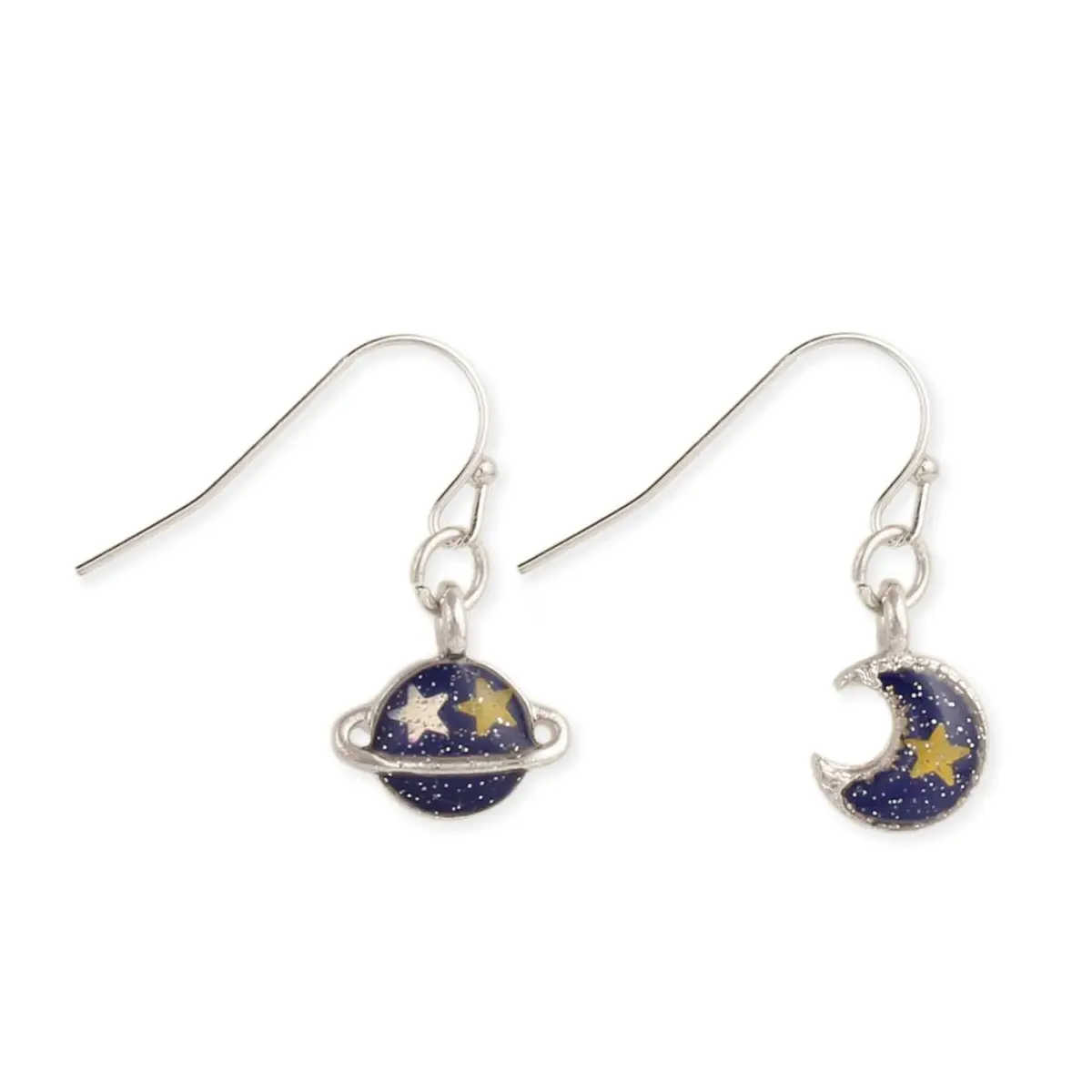 Zad Jewelry Dangle Earrings, Costume Jewelry with Celestial Planet Motif, Saturn and Crescent Moon Charms, Lightweight, Comfortable, Any Occasion, Casual, Unisex, Mismatched, Planet/Moon, Drop Earrings, Easy To Pair, Elegant, Fashion