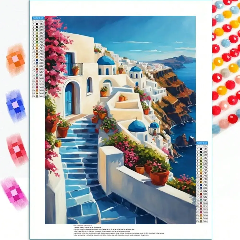 5d Diy Greek Sea Of Love Full Round Diamond Painting Kit Mosaic Santorini Island Beach House Scenery Art Full Drill Diamonds Embroidery Craft,Living-Room Decor,Frameless