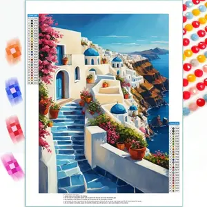 5d Diy Greek Sea Of Love Full Round Diamond Painting Kit Mosaic Santorini Island Beach House Scenery Art Full Drill Diamonds Embroidery Craft,Living-Room Decor,Frameless