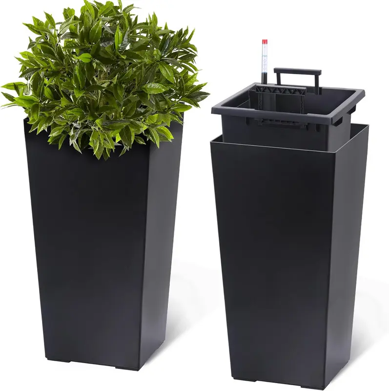 【Christmas Gift】2-Piece 22.5 in Tall Black Rectangular Flower Pots Set, Large Modern Garden Planters with Draining Holes, Water Level Monitor, Plastic Pots for Indoor & Outdoor Patio, Living Room, Black Plastic Pot