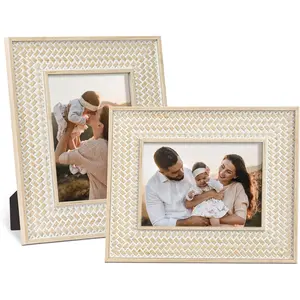 Boho Picture Frames 5x7 Family Picture Frame 2 Pack, Bohemian Rattan Decor Farmhouse  Frames for Wall Mount or TableTop  for Mom Grandma Women Family