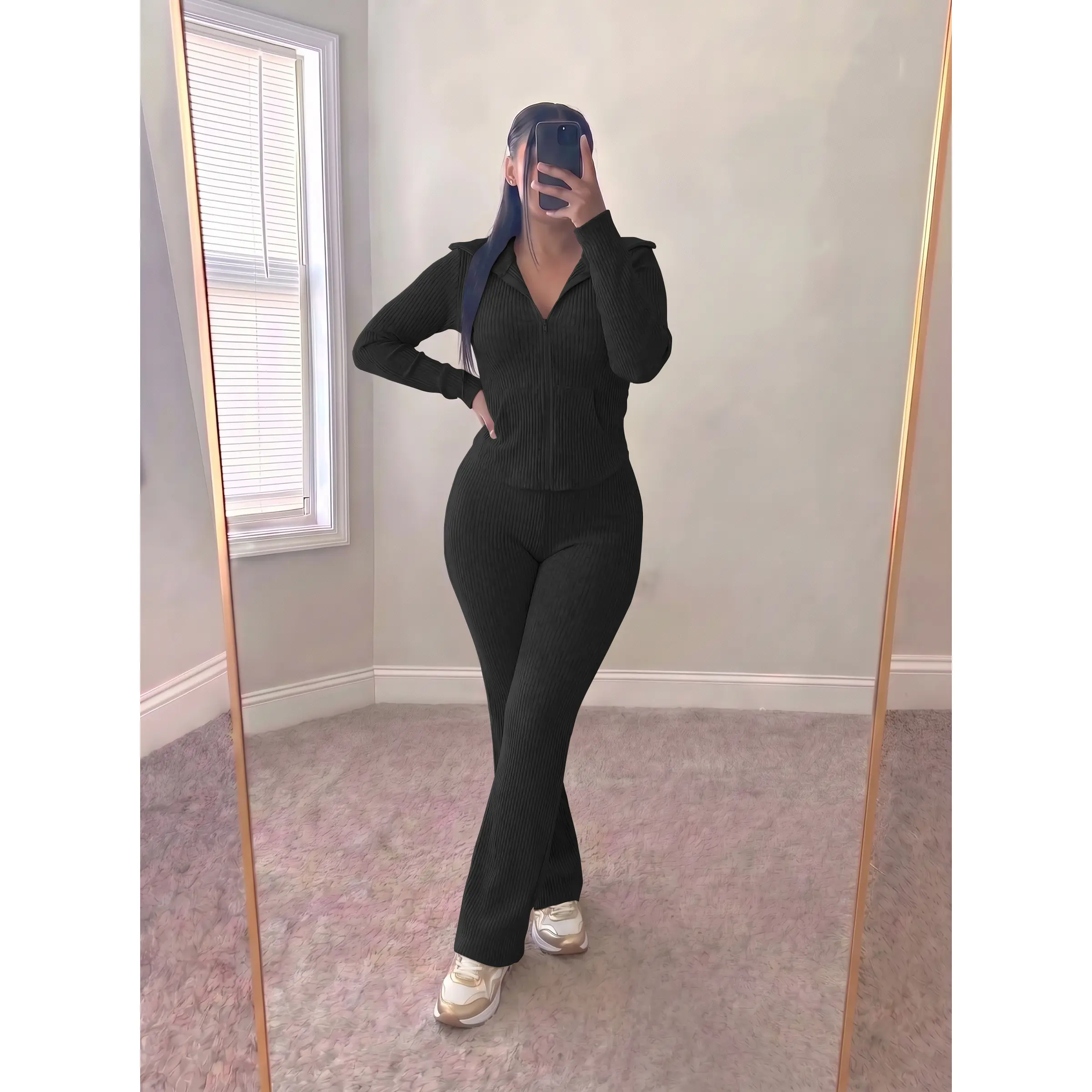USBOUTIQUE CHIC Fall 2026 Matching Set Women's Stretchy Long Sleeve Zip Top and Lounge Pants Co-ord