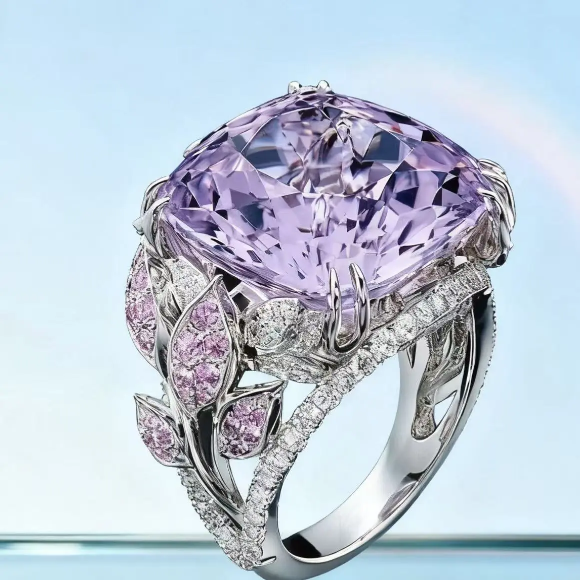 Women's Floral Statement Ring, Luxury Purple Gem Zircon Band, High-End Full-Stone Sparkling Cocktail Jewelry, Party Birthday Gift For Her