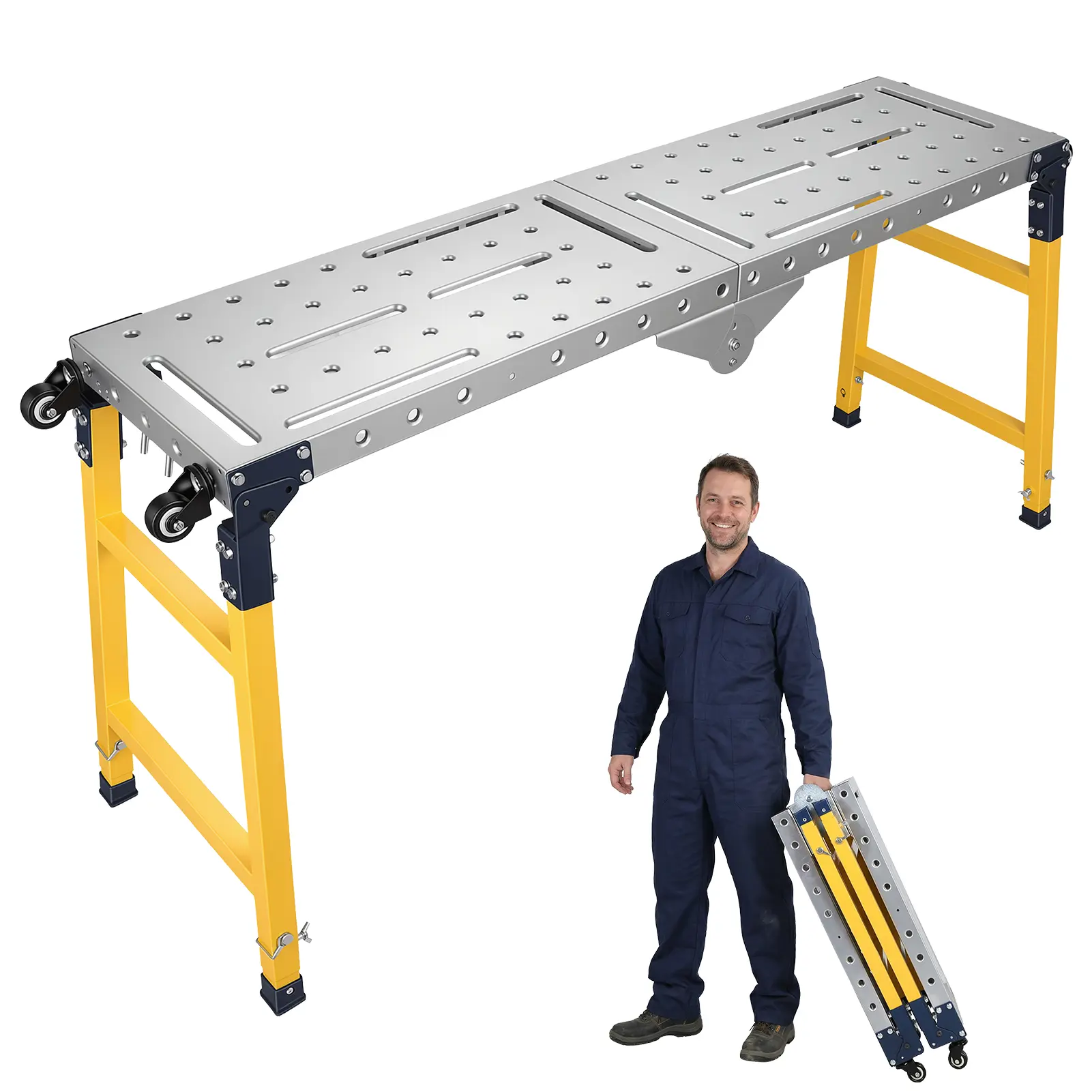 Heavy Duty Folding Work Platform, 1100 lb Capacity, Adjustable Height, Galvanized Steel with 4 Transport Wheels & Non-Slip Mat for Painting, Home Renovation & Vehicle Detailing