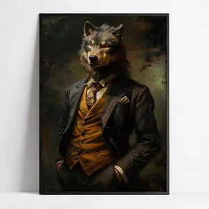 [Unframed Art Deco Wolf Poster] Wolf in Suit Art Deco Poster - Frameless Modern Retro Wall Art, Portrait Orientation Animal Themed Canvas Print, Indoor Wolf Illustration Decor for Home Office, Living Room, Bedroom - Ink Medium, Unframed