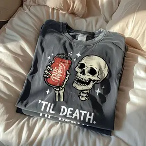 [SALE UP TO 50%] Dr Pepper ’Til Death Sweatshirt / T-Shirt / Hoodie – Funny Gothic Skeleton Holding Soda Can Graphic, Charcoal Cozy Vintage Grunge Style, Gift for Soda Lovers & Alt Couples